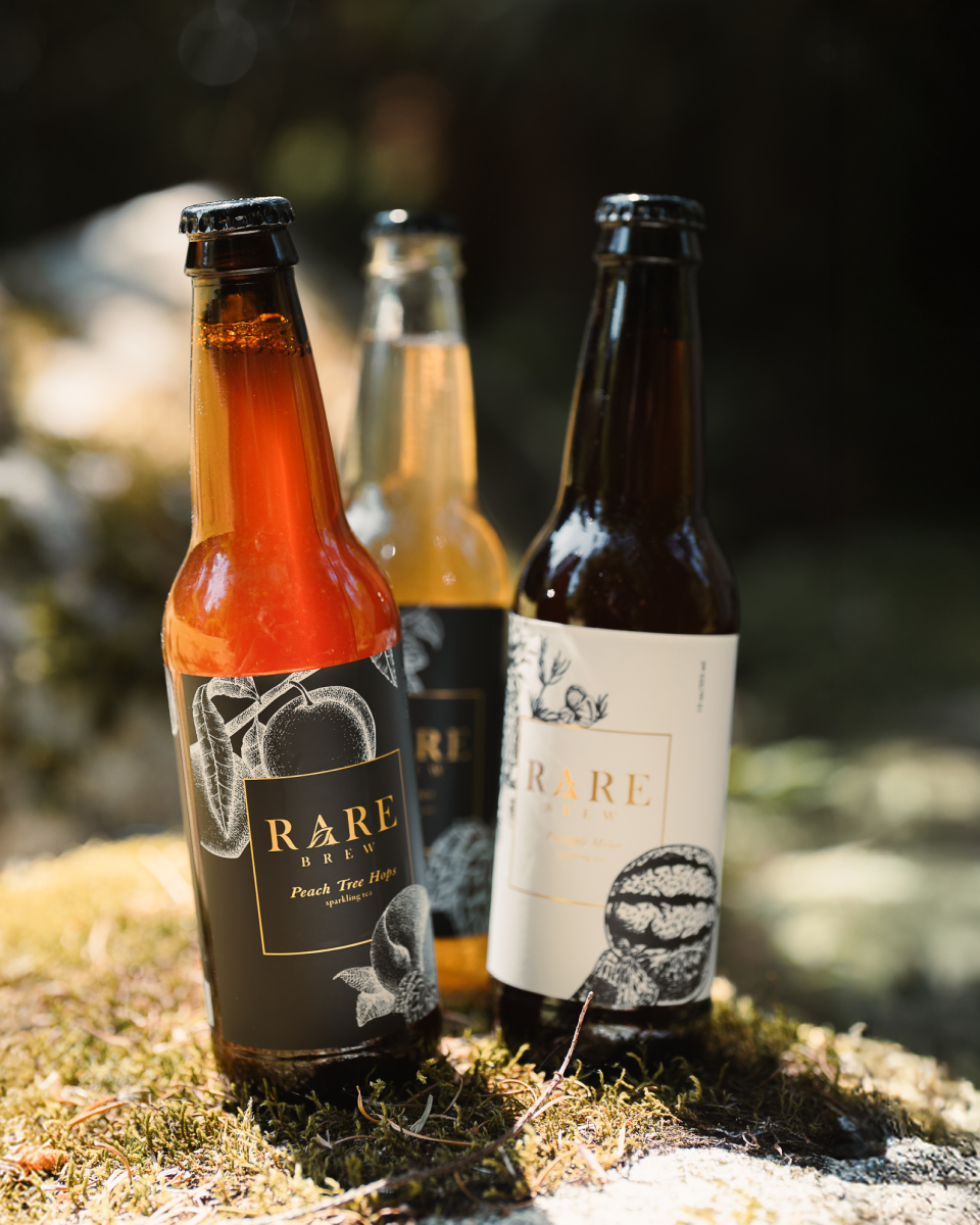 Three Rare Brew sparkling tea bottles resting on a moss-covered rock