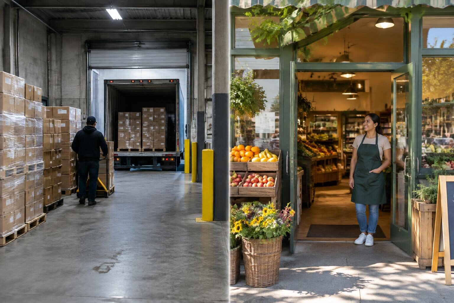 A warehouse loading dock beside a welcoming neighborhood grocery entrance