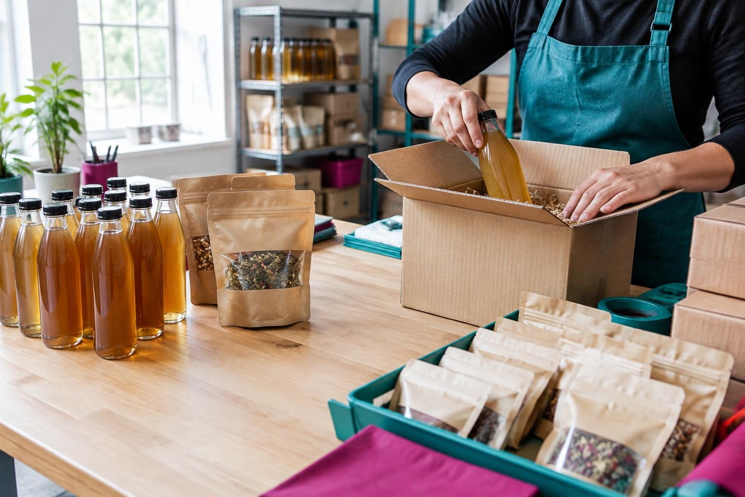 A wholesale worker packing bottled tea into a shipping carton