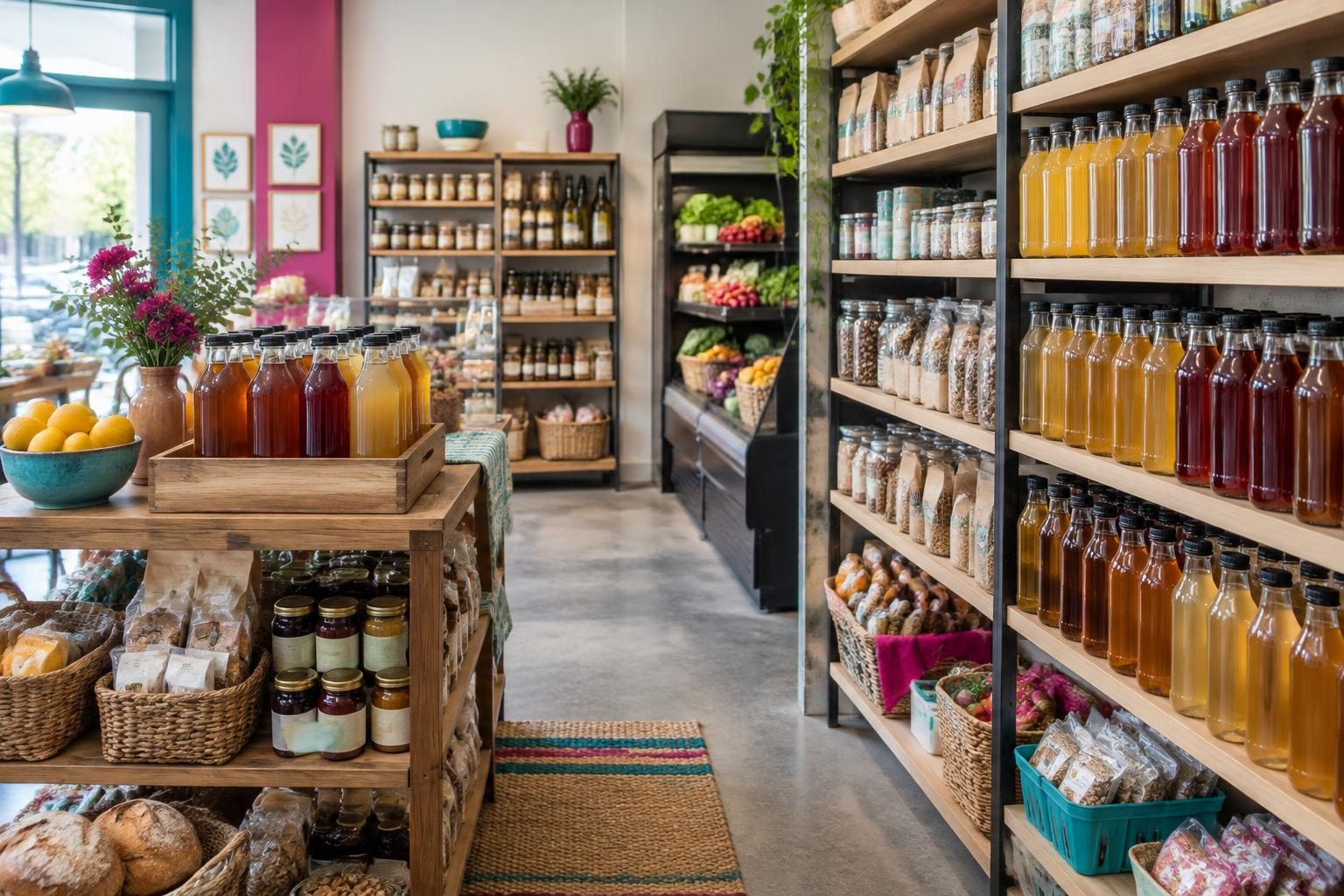 Shelves of bottled drinks and packaged goods in an independent grocery store