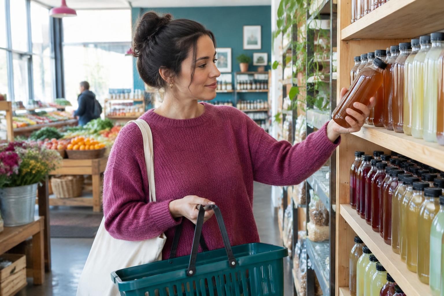 A shopper choosing a bottled drink from an independent retailer’s shelf