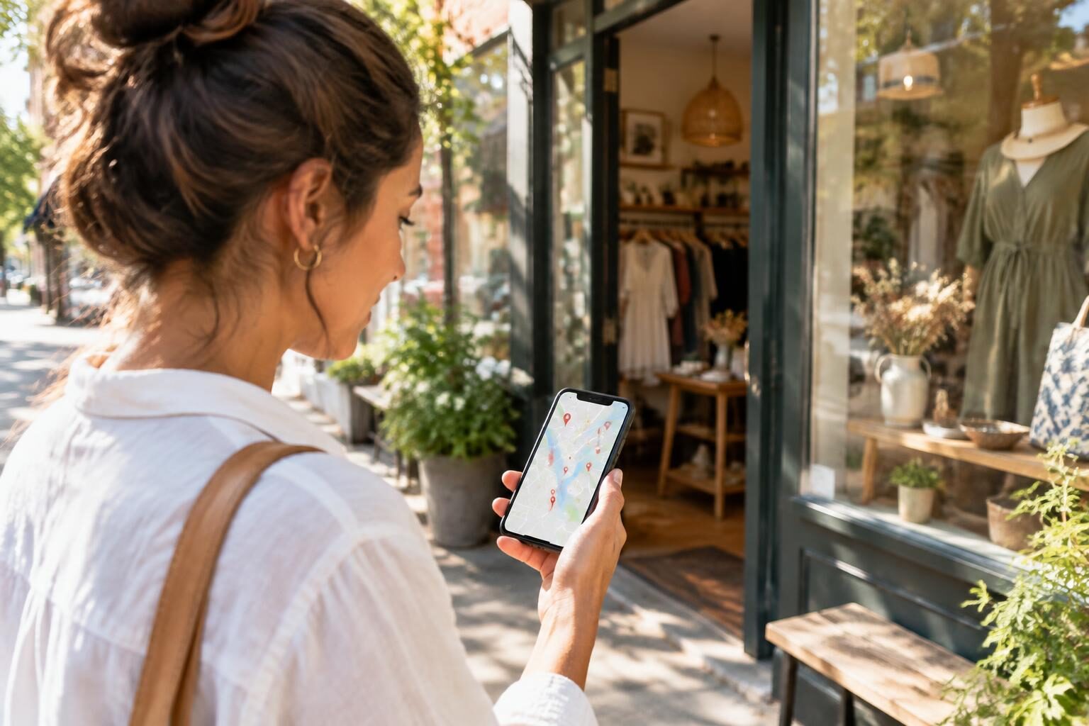 A shopper checks a map of nearby stockists on her phone outside an independent boutique