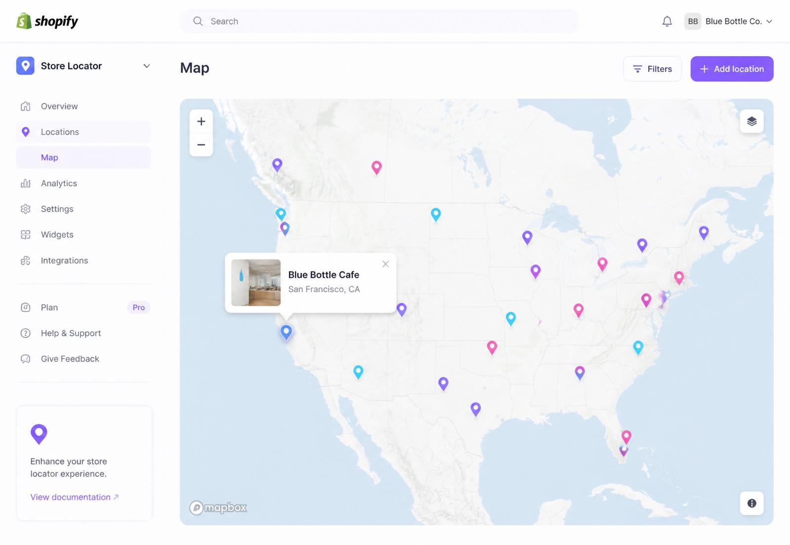 SyncaMap admin showing a MapLibre store locator with pins across North America